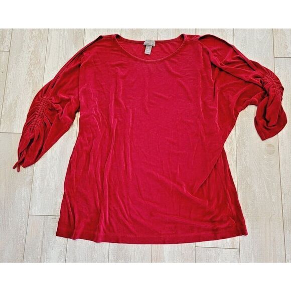 Chico's Travelers 3 Open Sleeve Slinky Top Red Rouched‎ 3/4 Sleeves Stretch - Picture 1 of 6